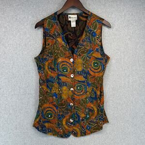 Vintage Ana Mori Vest Womens All Size S Brown Multicolor Beaded Abstract Swirls